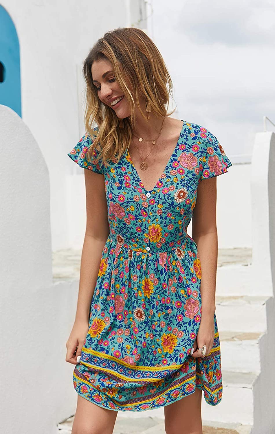 KIRUNDO Women’s  Summer Hot Short Sleeve V-Neck High Waist Floral Print Mini Sun Dress