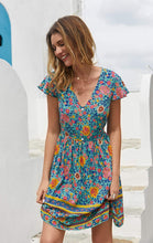
                        
                          將圖片載入圖庫檢視器 KIRUNDO Women’s  Summer Hot Short Sleeve V-Neck High Waist Floral Print Mini Sun Dress
                        
                      