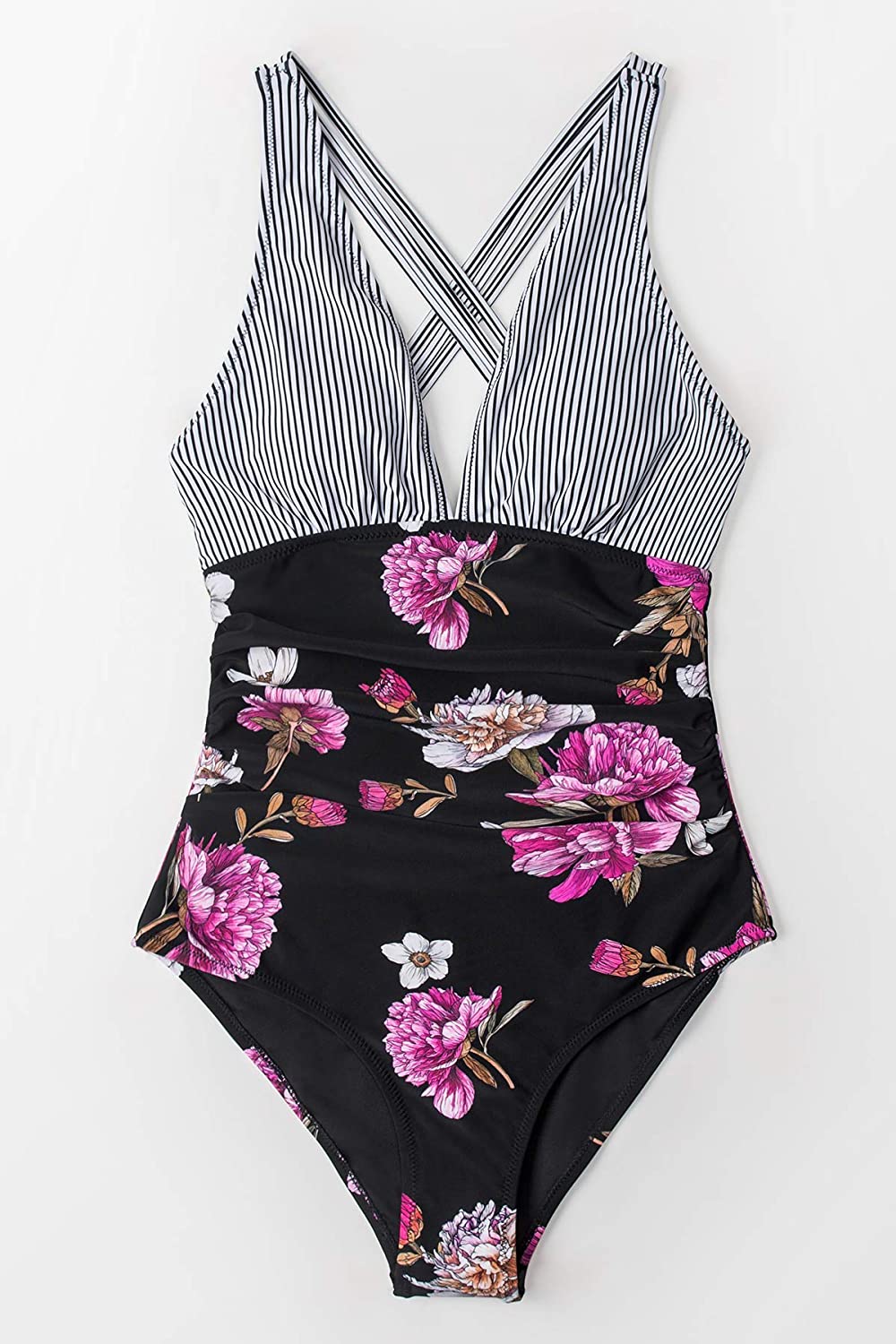 CUPSHE Women's One Piece Swimsuit V Neck Tummy Control Cross Back Vintage Swimwear Bathing Suits