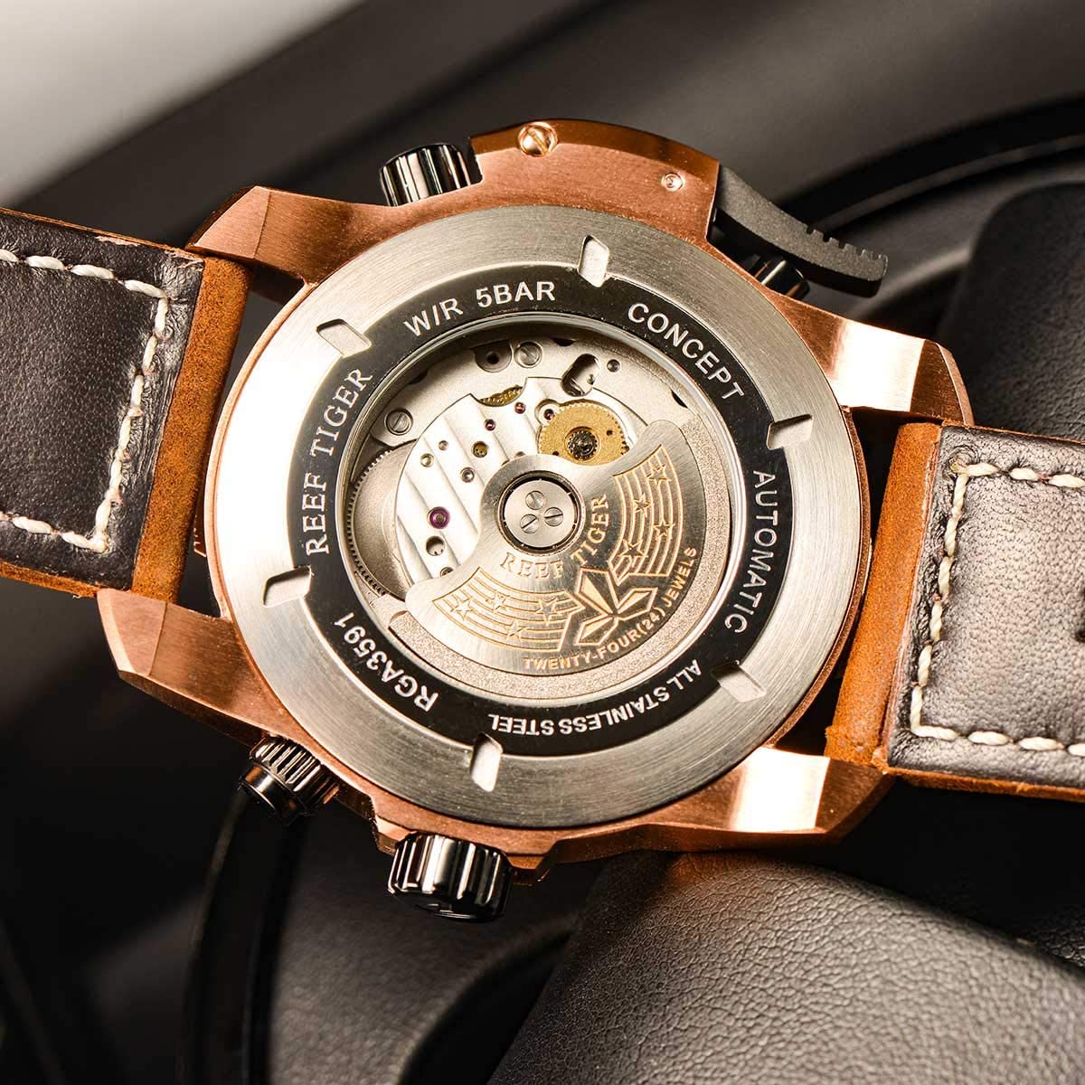 Reef Tiger Mens Sport Mechanical Watches with Steel Black Dial Automatic Watch Calfskin Leather Strap RGA3591