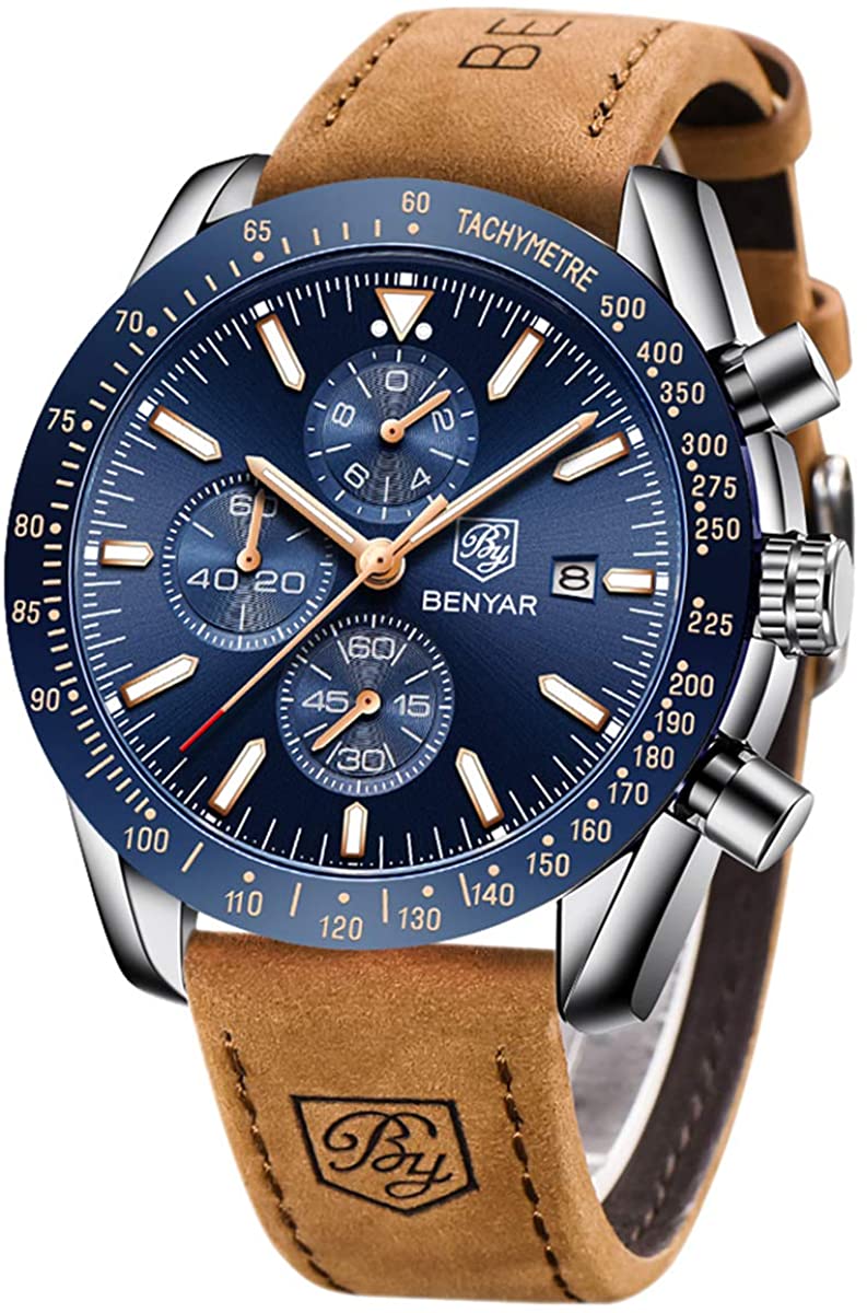 BENYAR Chronograph Mens Watch Quartz Movement 30M Waterproof | Leather Watch Strap