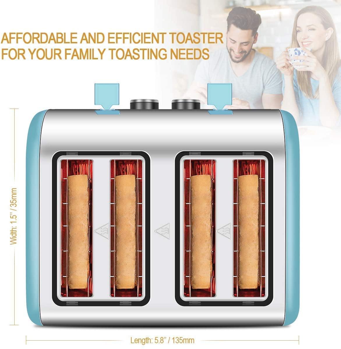 Toaster 4 Slice, CUSINAID 4 Wide Slots Stainless Steel Toasters with Reheat Defrost Cancel Function, 7-Shade Setting, Blue - JOY2ESpree