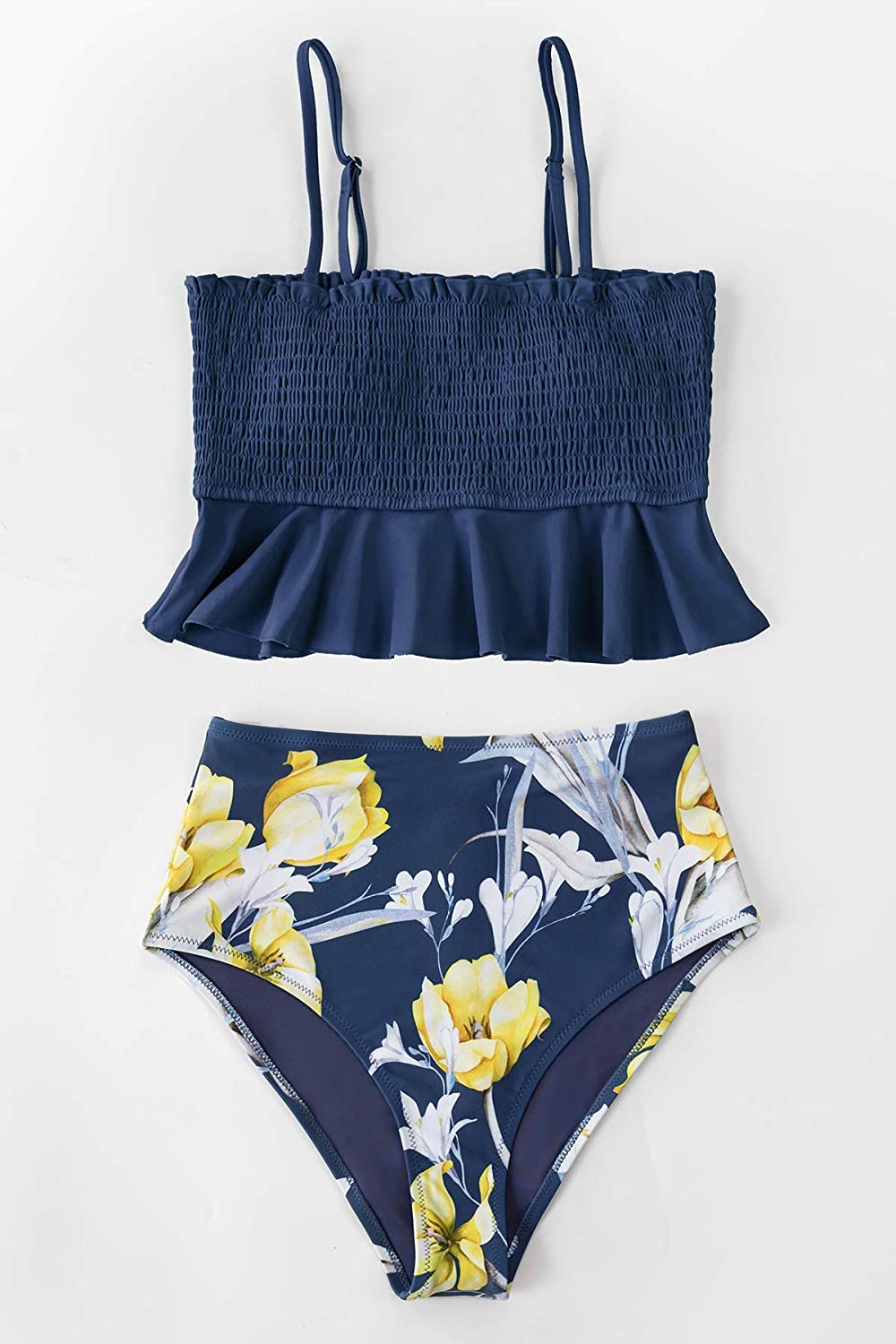 CUPSHE Women's High Waist Bikini Swimsuit Ruffle Smock Floral Print Two Piece Bathing Suit