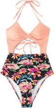 
                        
                          Load image into Gallery viewer, CUPSHE Women's Black Floral Print Halter Cutout High Waist One Piece Swimsuit
                        
                      