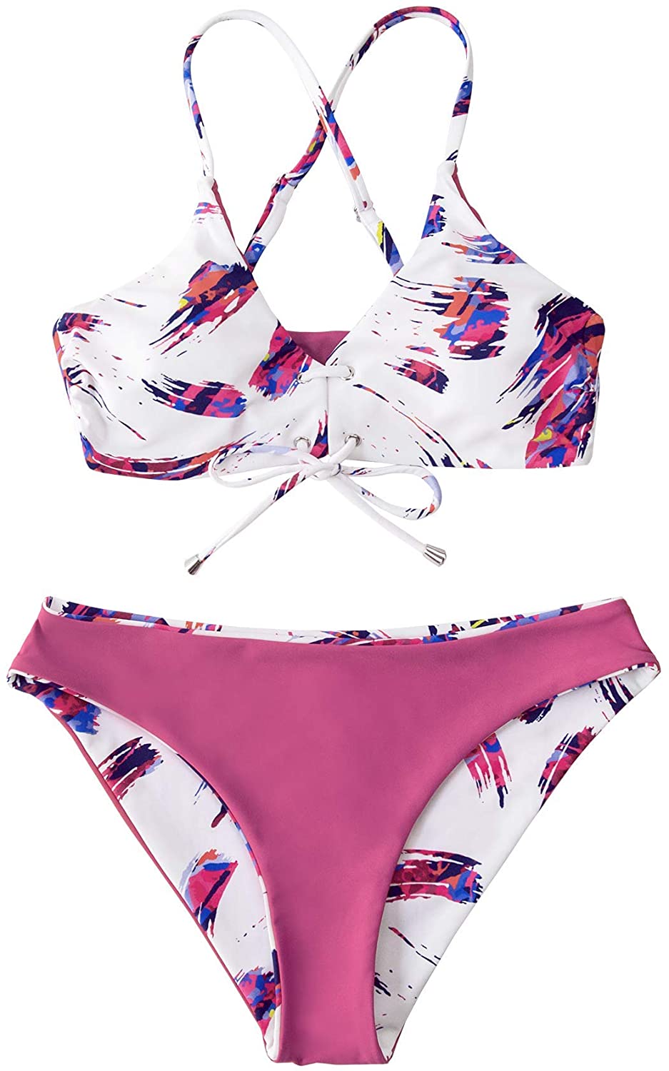 CUPSHE Women's Reversible Lace Up Bikini Sets Floral and Striped