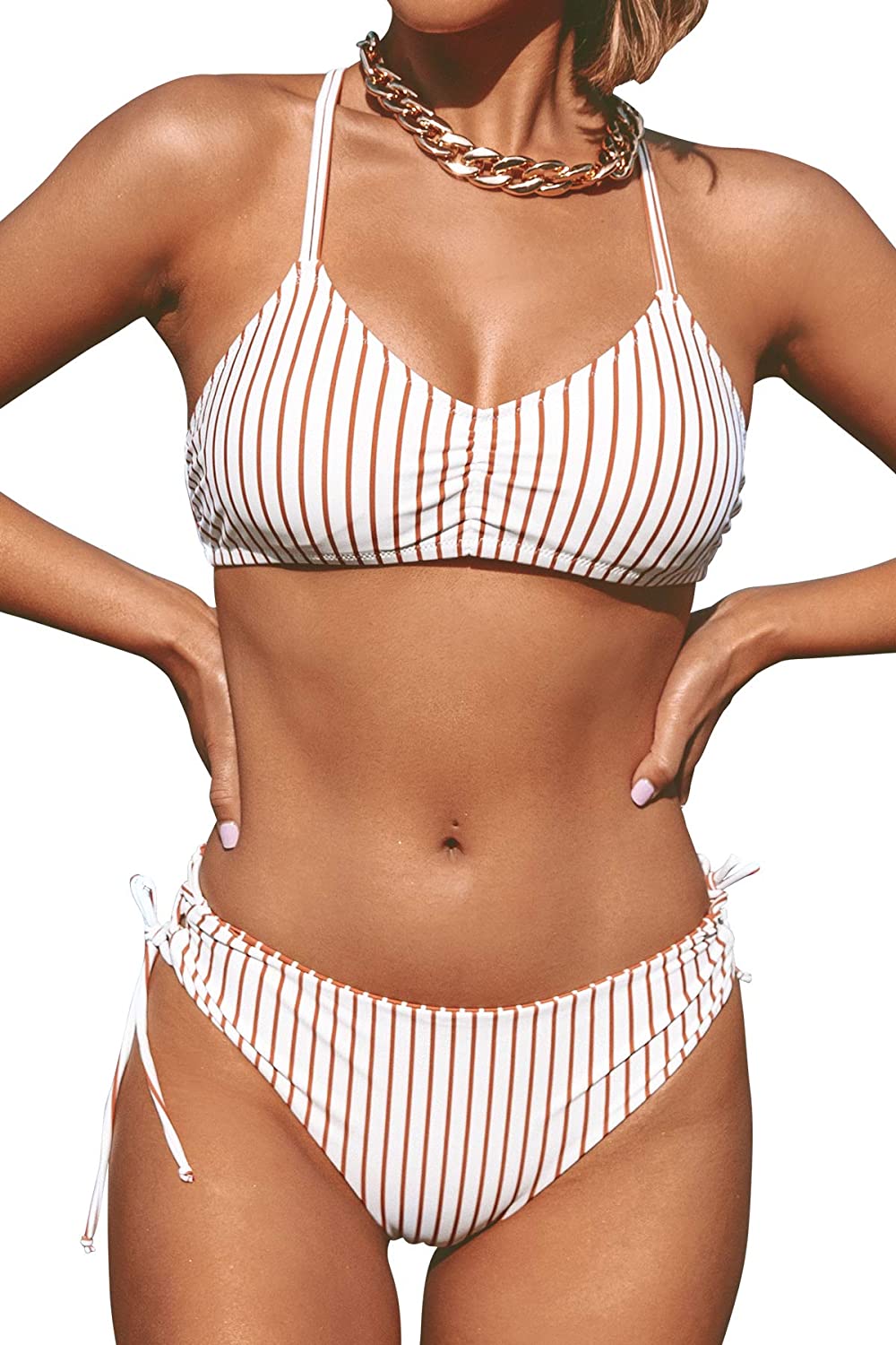 CUPSHE Women's Back Braided Straps Reversible Bottom Strappy Lace Up Bikini Sets