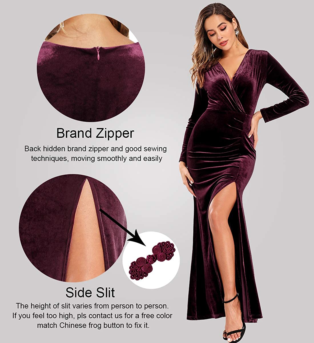 Ababalaya Long Sleeve Wrap Velvet Long Formal Dresses Cocktail Dress
