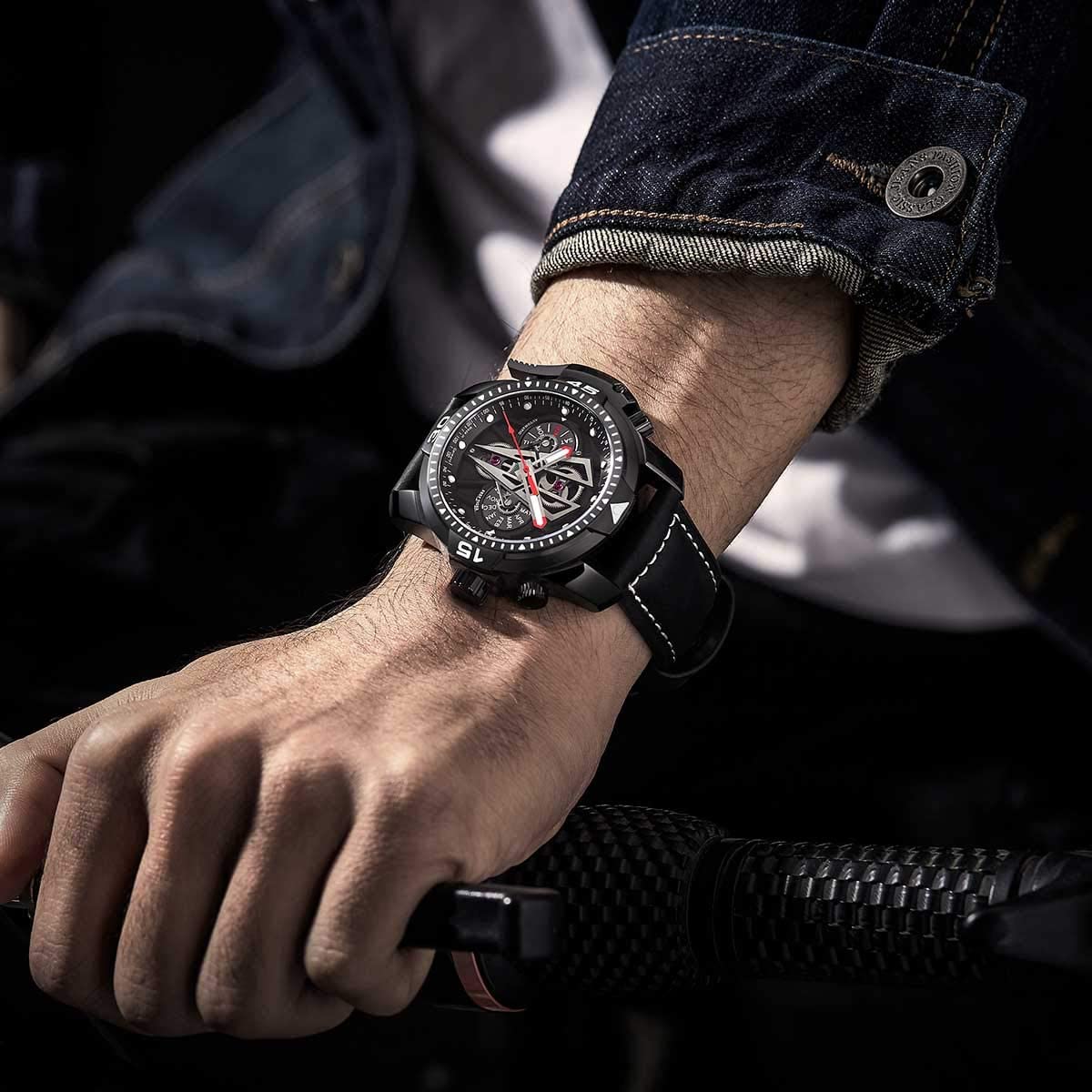 Reef Tiger Mens Sport Mechanical Watches with Steel Black Dial Automatic Watch Calfskin Leather Strap RGA3591