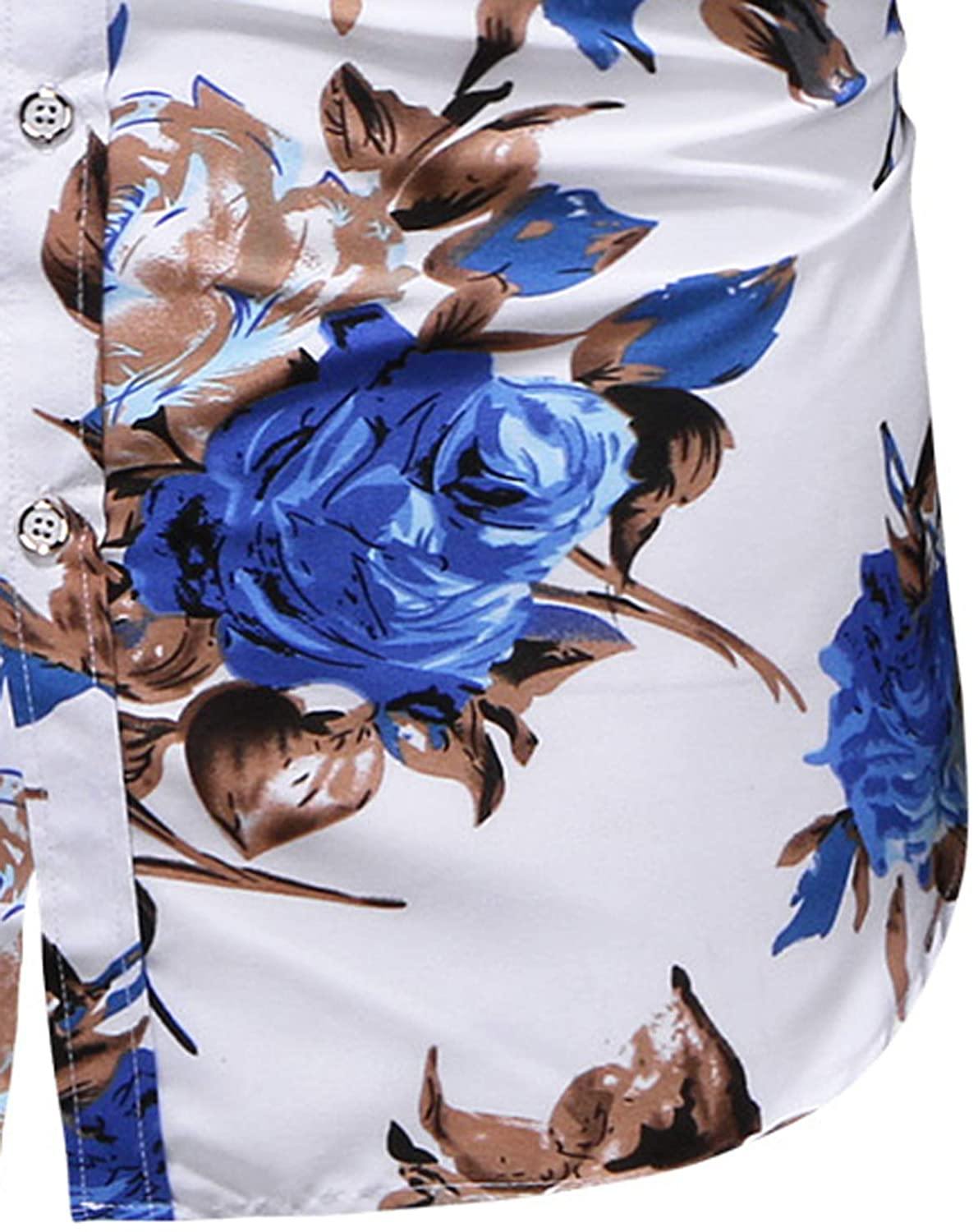 LEFTGU Men's Slim fit Floral Printed Beach Hawaiian Button-Down Dress Shirt