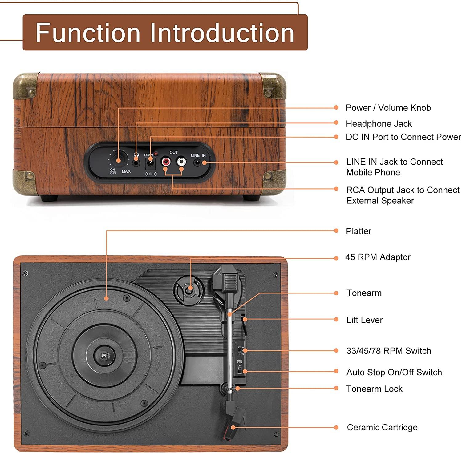 LP&No.1 Portable Suitcase Turntable with Stereo Speaker,3 Speeds Belt-Drive Vinyl Record Player Black - JOY2ESpree