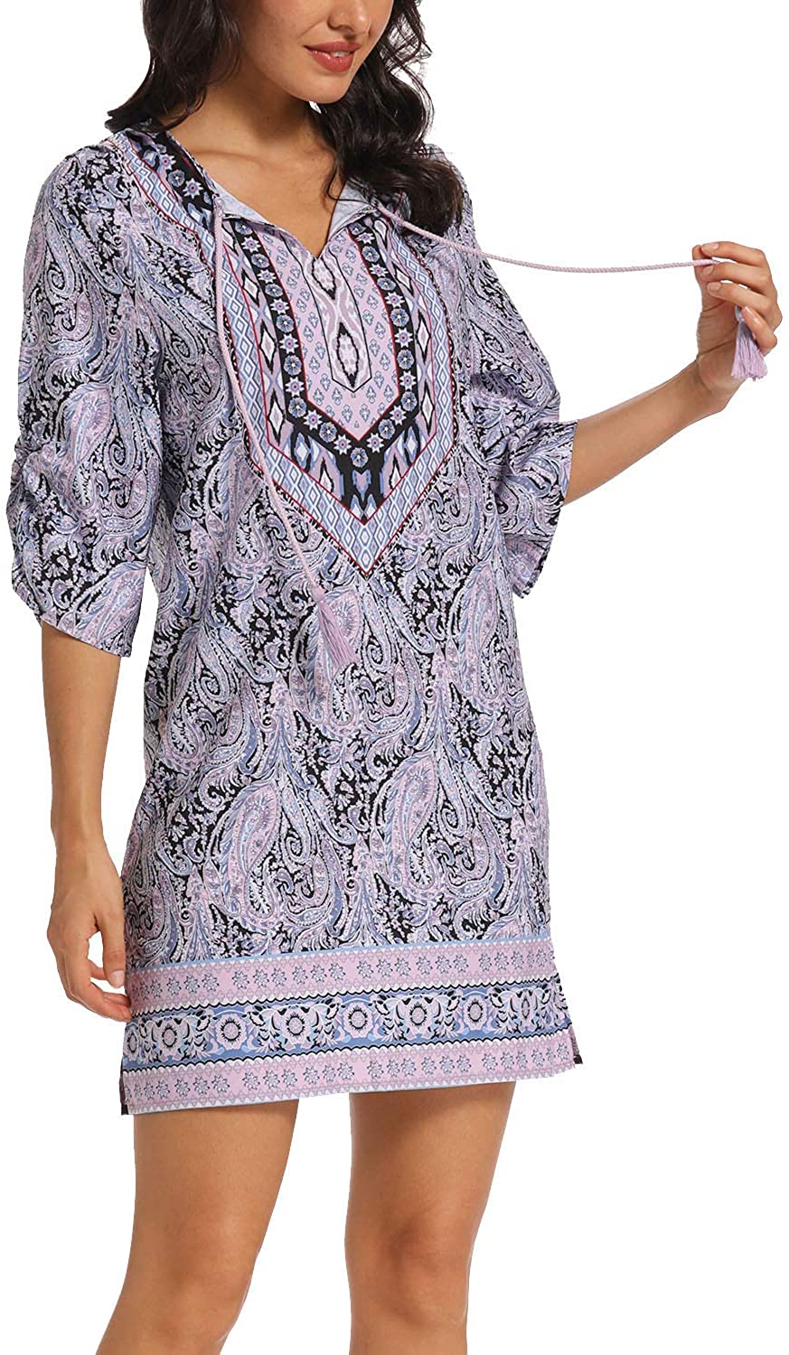 Women Bohemian Neck Tie Vintage Printed Ethnic Style Summer Shift Dress