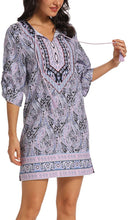
                        
                          Load image into Gallery viewer, Women Bohemian Neck Tie Vintage Printed Ethnic Style Summer Shift Dress
                        
                      