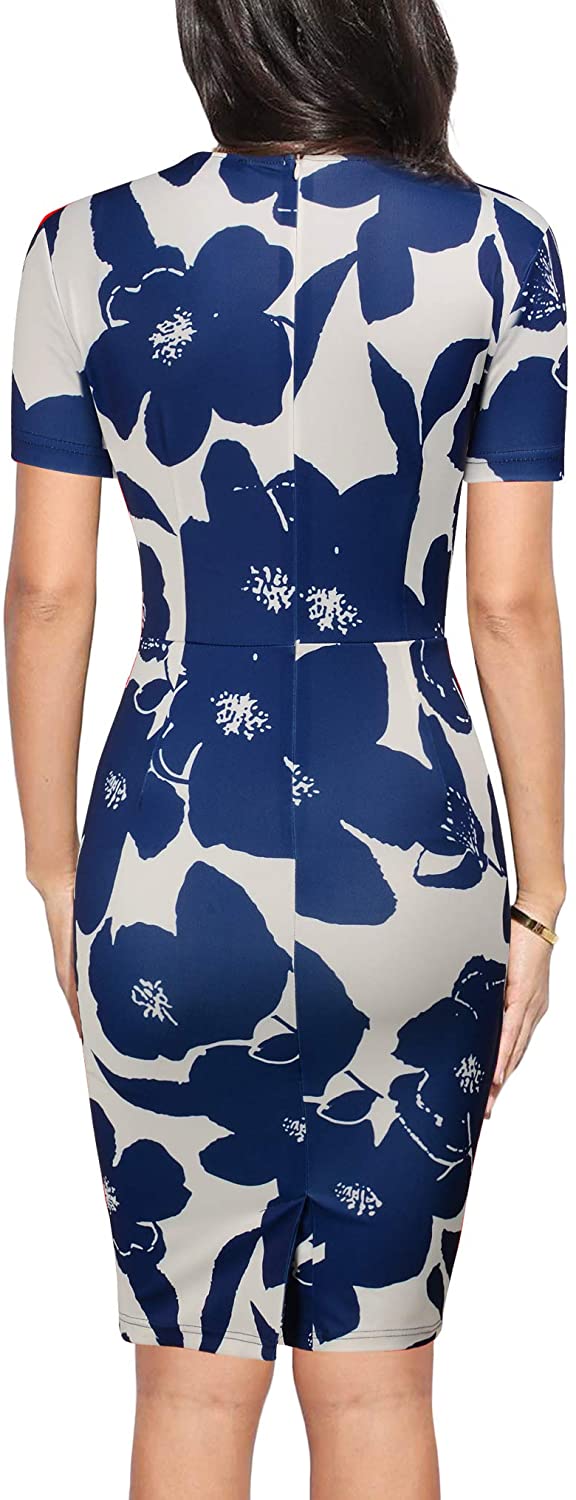 FORTRIC Women Printing Church Business Office Work Elegant Bodycon Pencil Dress