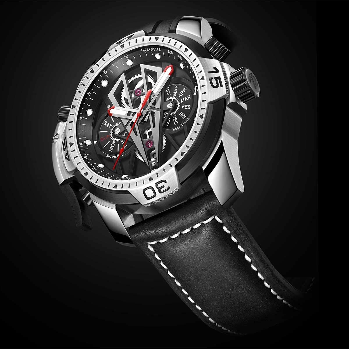 Reef Tiger Mens Sport Mechanical Watches with Steel Black Dial Automatic Watch Calfskin Leather Strap RGA3591