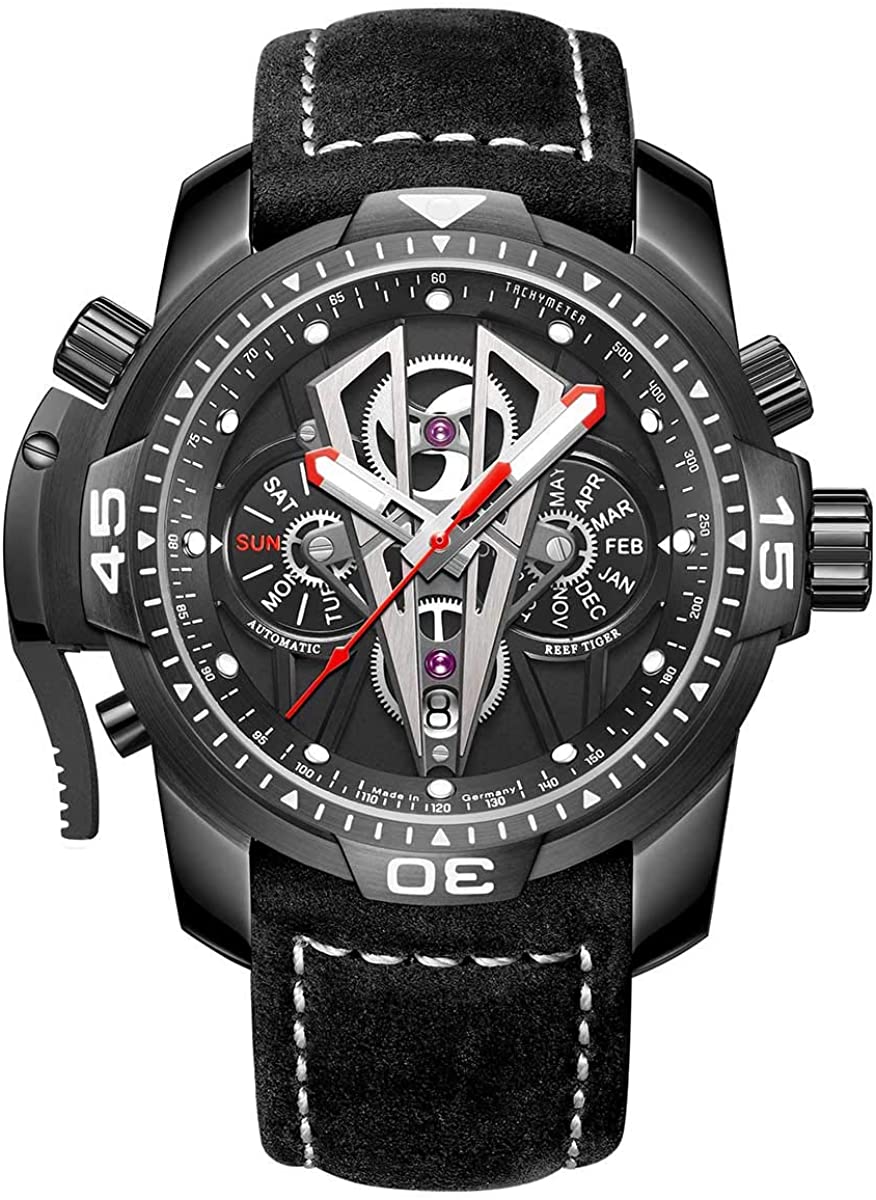 Reef Tiger Mens Sport Mechanical Watches with Steel Black Dial Automatic Watch Calfskin Leather Strap RGA3591