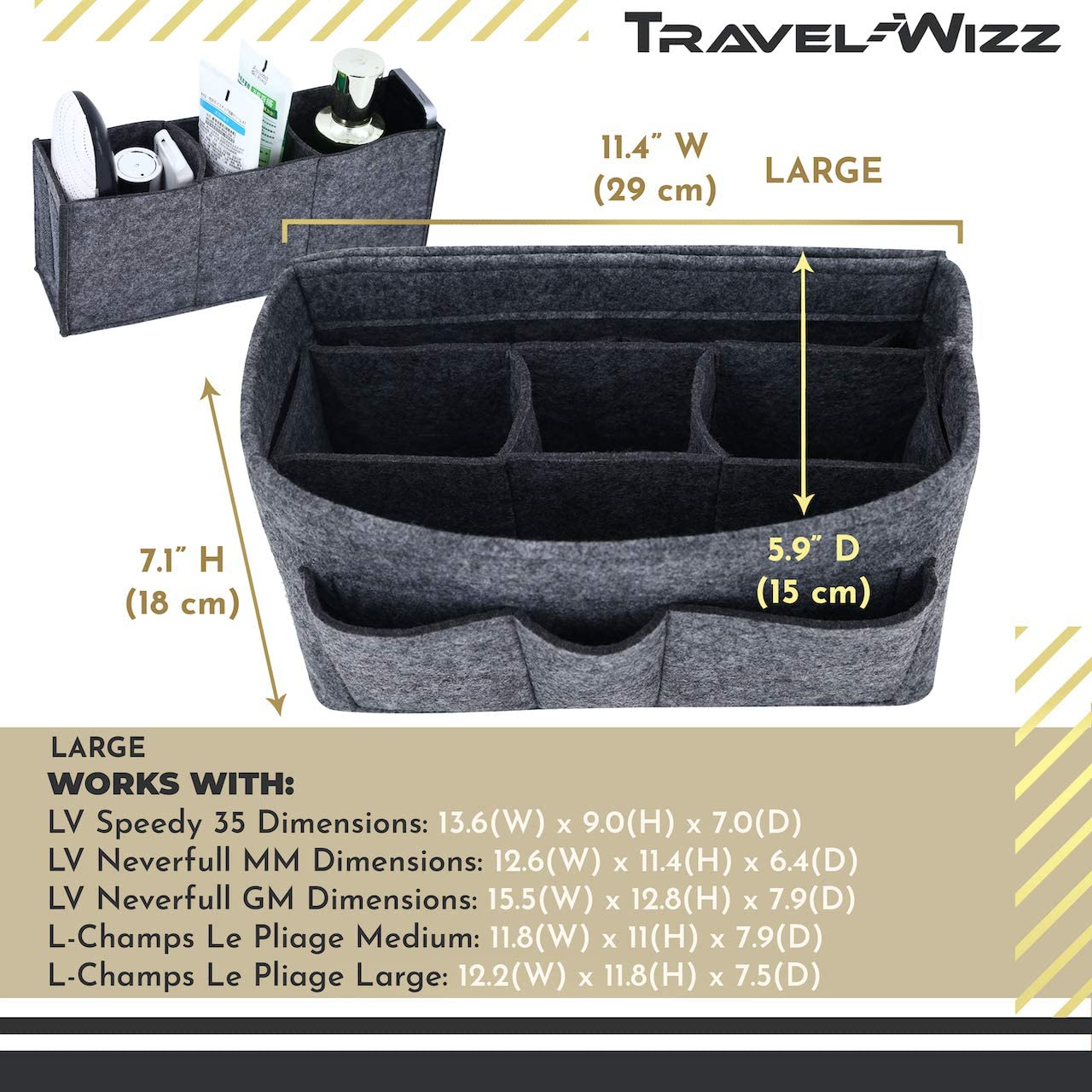 Handbag Organizer - 2in1 Purse Organizer Insert with Inner Zipped Pocket - Tote Shaper fits Speedy Neverfull - Grey Medium