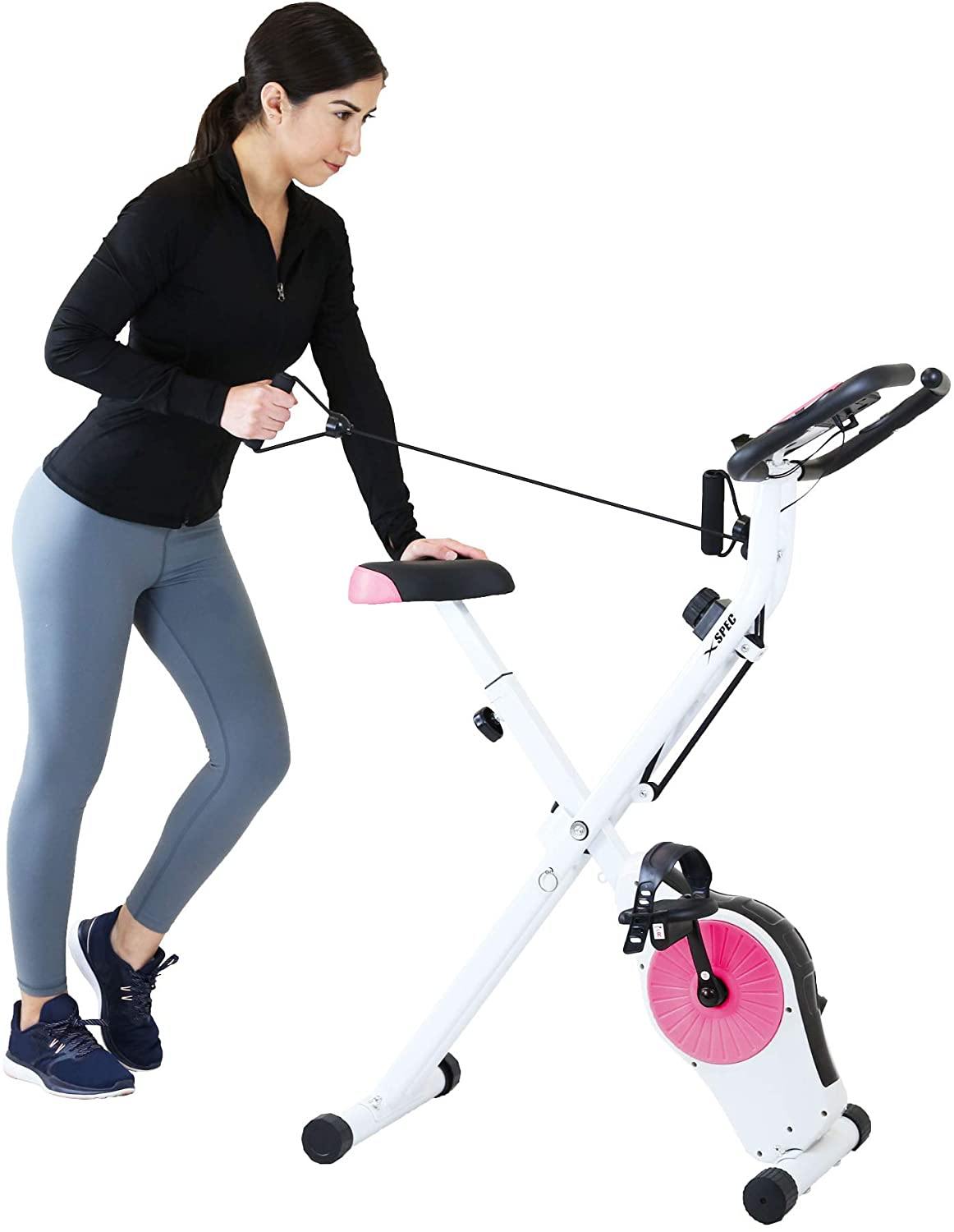 Xspec Indoor Foldable Stationary Upright Exercise Cardio Workout Cycling Bike with 16-Level Resistance, Magenta/Lime - JOY2ESpree