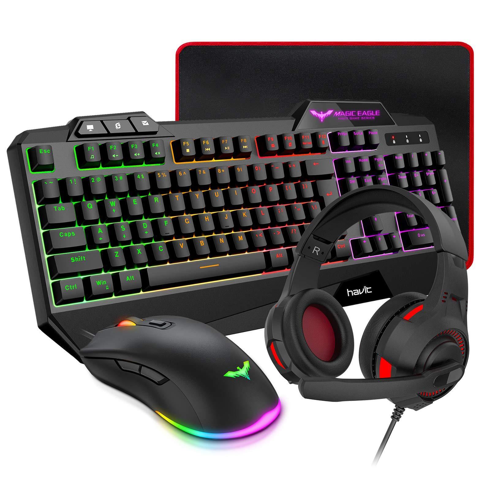 havit Gaming Keyboard Mouse Headset & Mouse Pad Kit, Rainbow LED Backlit Wired - JOY2ESpree