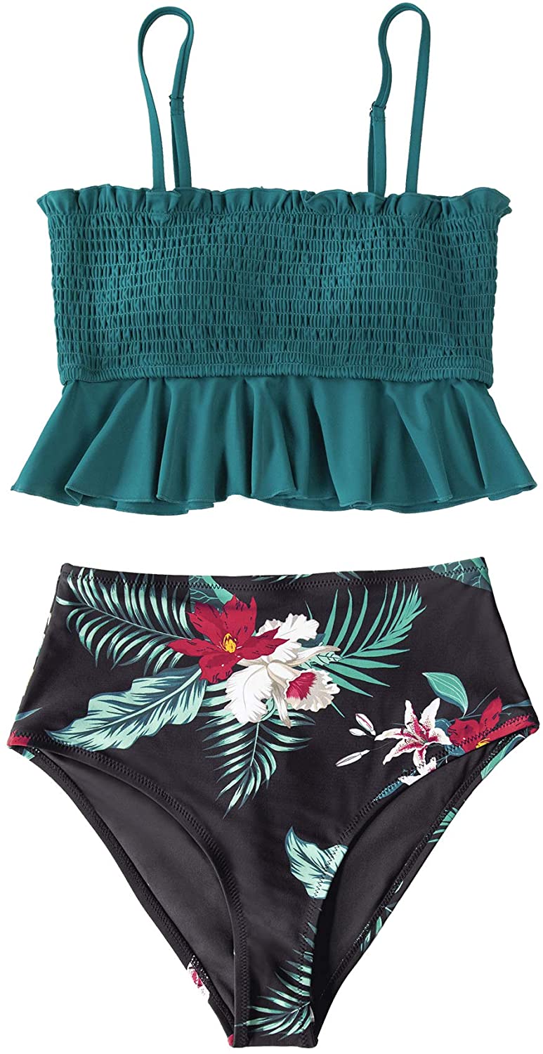 CUPSHE Women's High Waist Bikini Swimsuit Ruffle Smock Floral Print Two Piece Bathing Suit