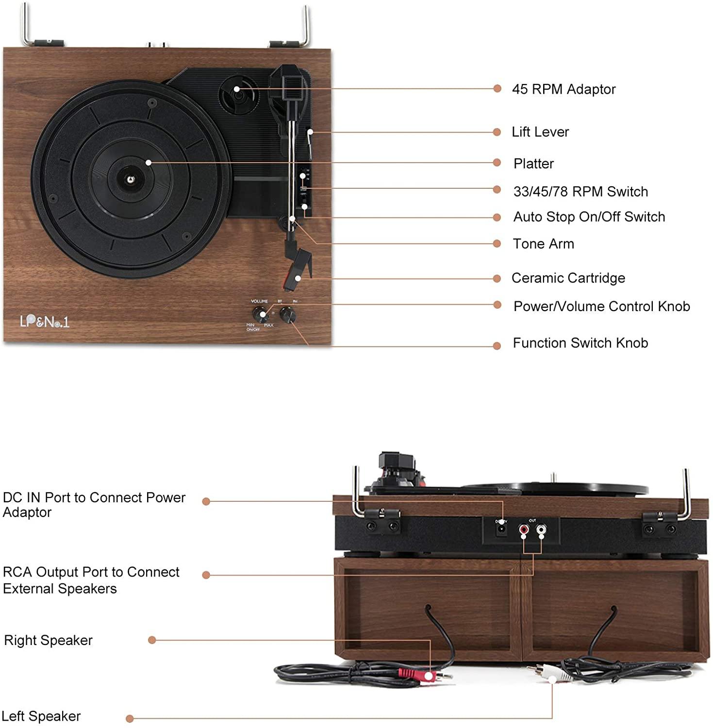 LP&No.1 Retro Bluetooth Record Player with Stereo External Speakers - JOY2ESpree