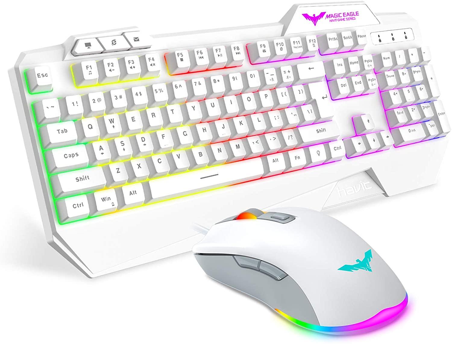 havit Keyboard Rainbow Backlit Wired Gaming Keyboard Mouse Combo, LED 104 Keys USB Ergonomic Wrist Rest Keyboard, 4800 DPI Mouse for PC Gamer (White) - JOY2ESpree