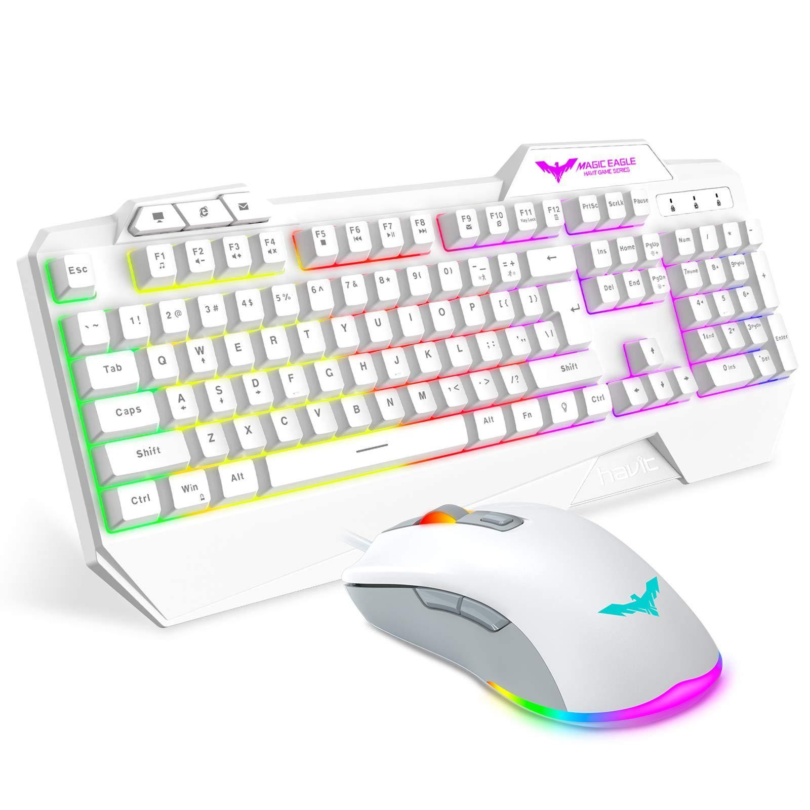 havit Keyboard Rainbow Backlit Wired Gaming Keyboard Mouse Combo, LED 104 Keys USB Ergonomic Wrist Rest Keyboard, 4800 DPI Mouse for PC Gamer (White) - JOY2ESpree