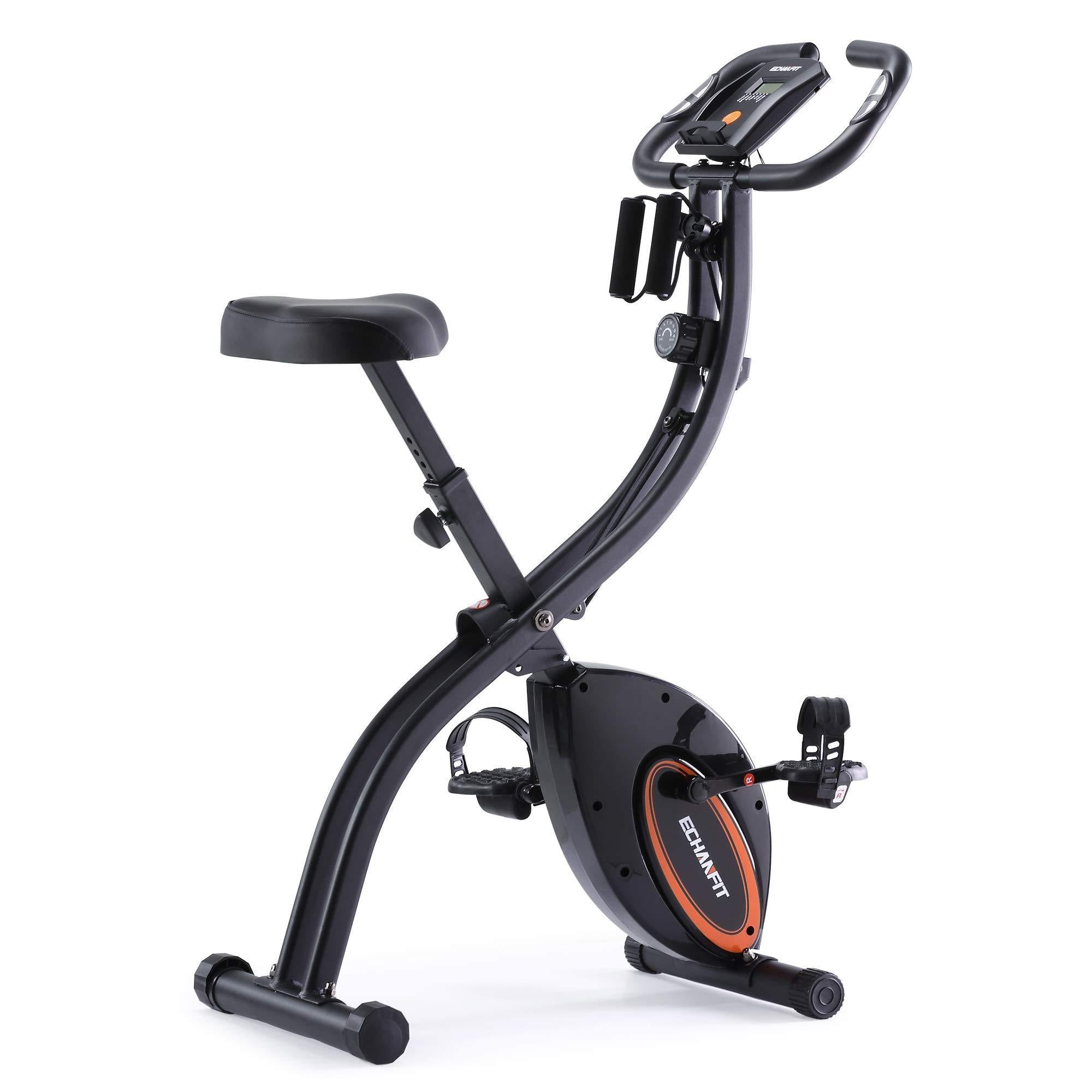 ECHANFIT Indoor Cycling Bike Folding Magnetic Exercise Upright Bike Stationary with 16 Levels Resistance Arm Training Bands and Electronic Display - JOY2ESpree
