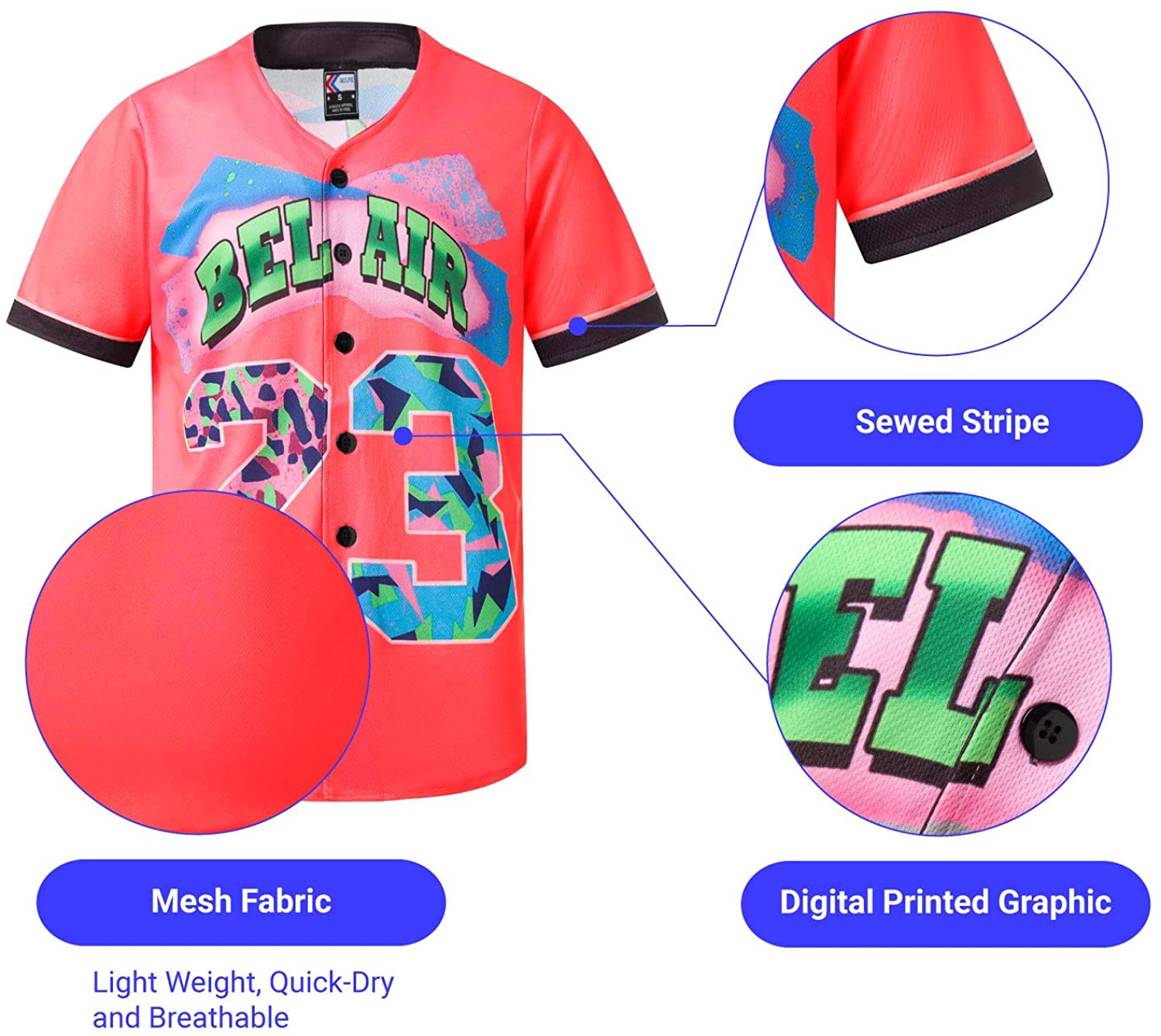 MOLPE 90s Hip Hop Clothing for Men and Women, Unisex Bel Air 23 Baseball Jersey, Mens Printed Urban Shirts for Party