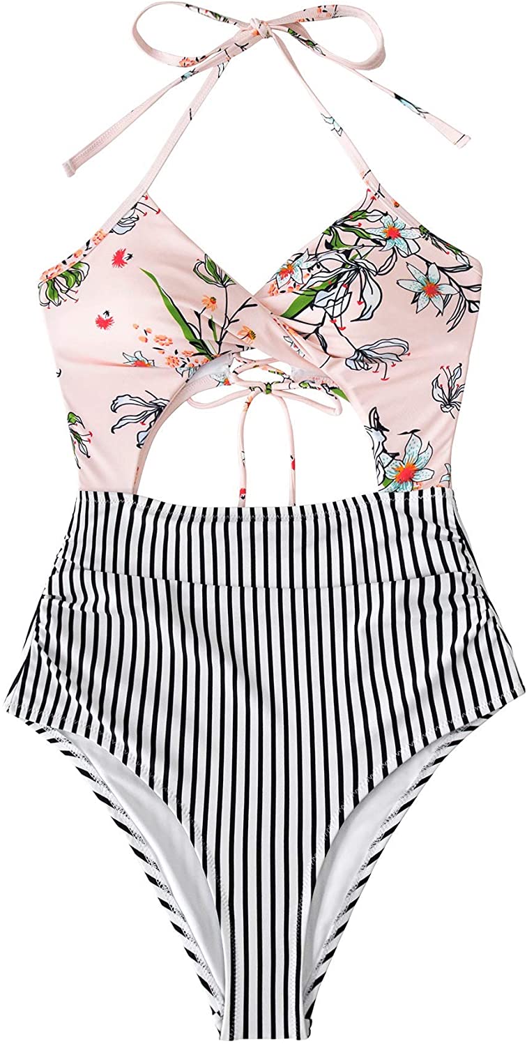 CUPSHE Women's Black Floral Print Halter Cutout High Waist One Piece Swimsuit