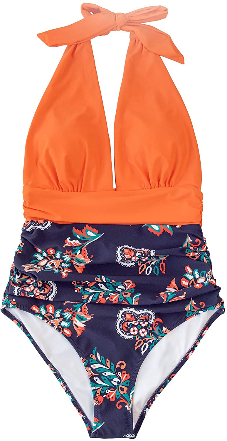 CUPSHE Women's One Piece Swimsuit Halter Plunge Neck Ruched Tummy Control Bathing Suits