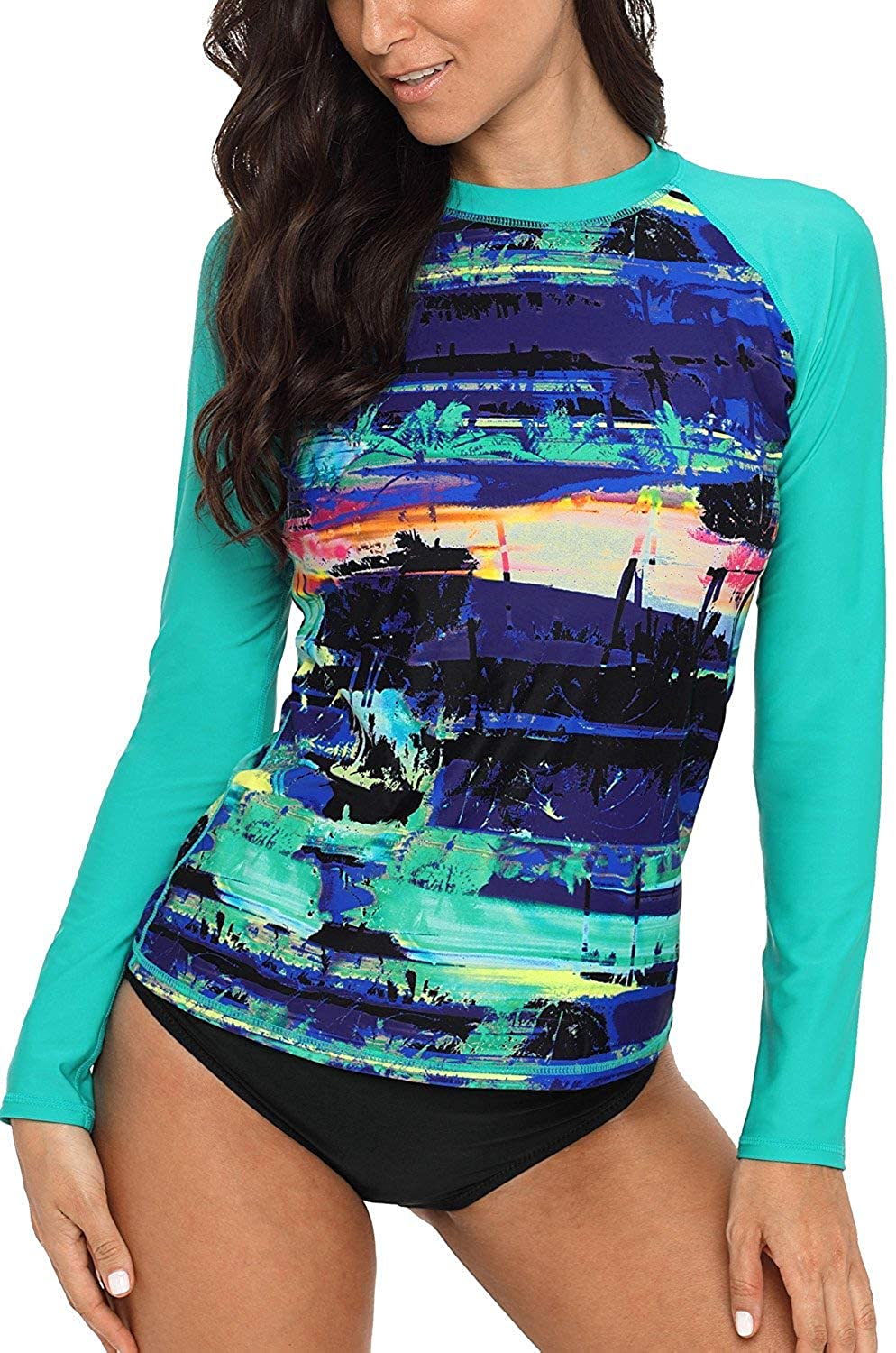 CharmLeaks Women's Long Sleeve Rashguard UPF 50 Sun Protection Swimsuit Top Striped Swim Shirts
