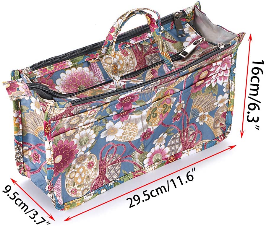 BTSKY New Printing Handbag Organizers Inside Purse Insert-High Capacity 13 Pockets Bag Tote Organizer with Handle Peacock Flower