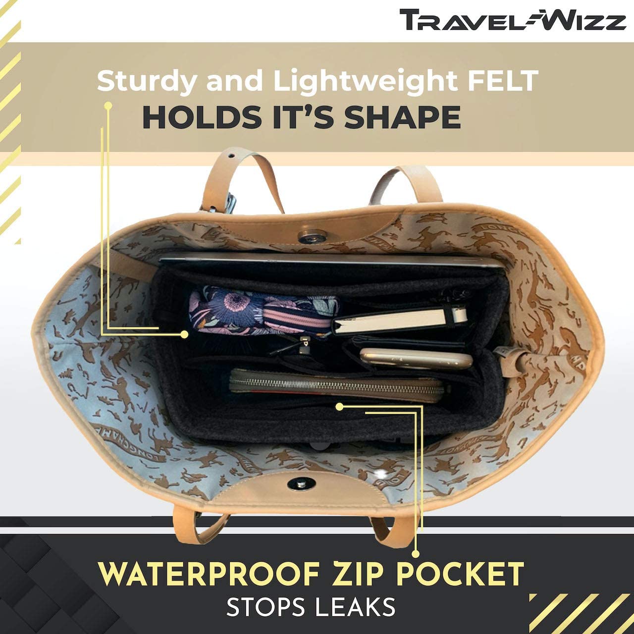 Handbag Organizer - 2in1 Purse Organizer Insert with Inner Zipped Pocket - Tote Shaper fits Speedy Neverfull - Grey Medium