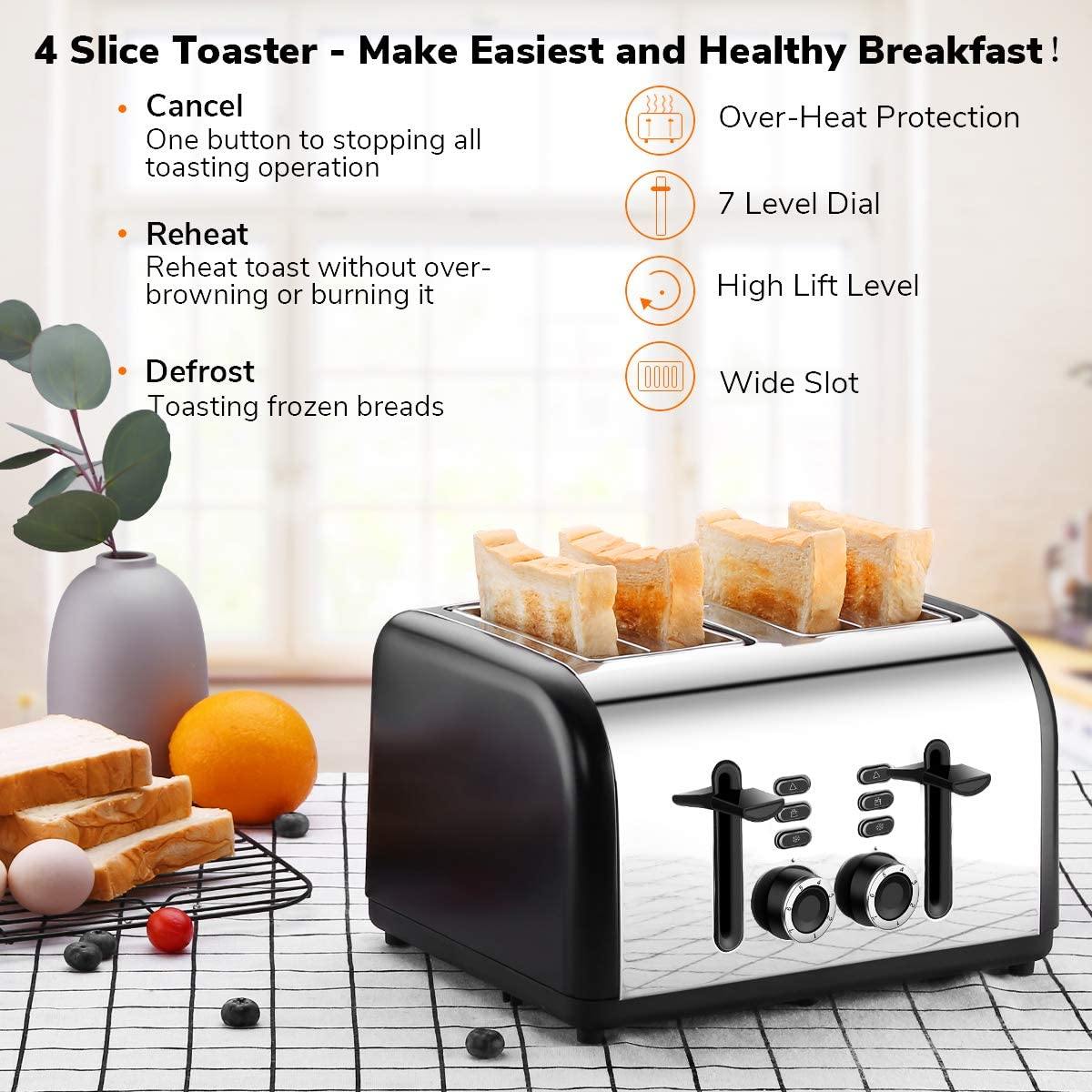 Toaster 4 Slice, CUSINAID 4 Wide Slots Stainless Steel Toasters with Reheat Defrost Cancel Function, 7-Shade Setting, Blue - JOY2ESpree