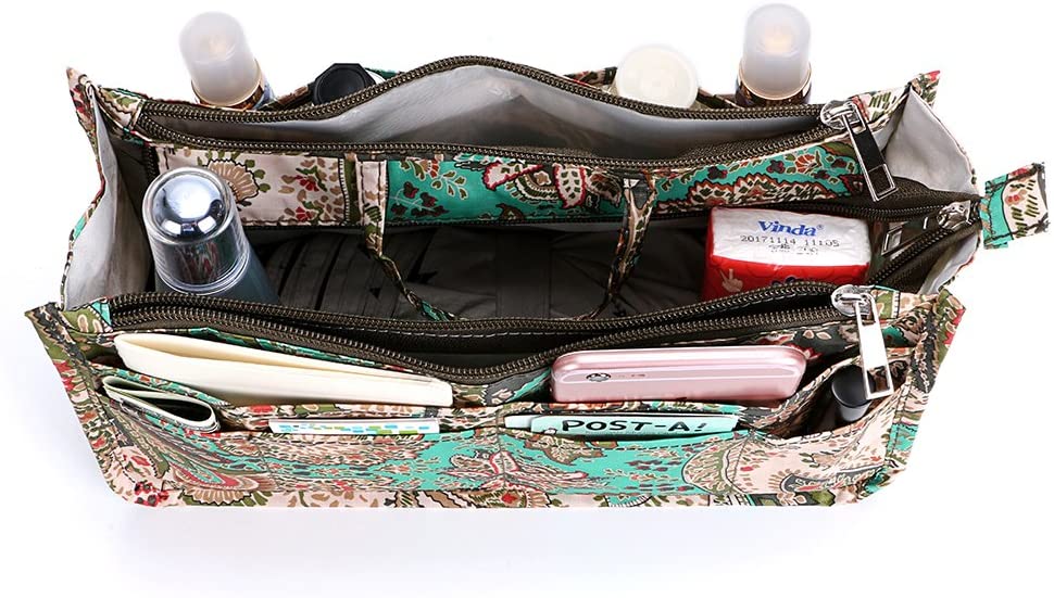 BTSKY New Printing Handbag Organizers Inside Purse Insert-High Capacity 13 Pockets Bag Tote Organizer with Handle Peacock Flower