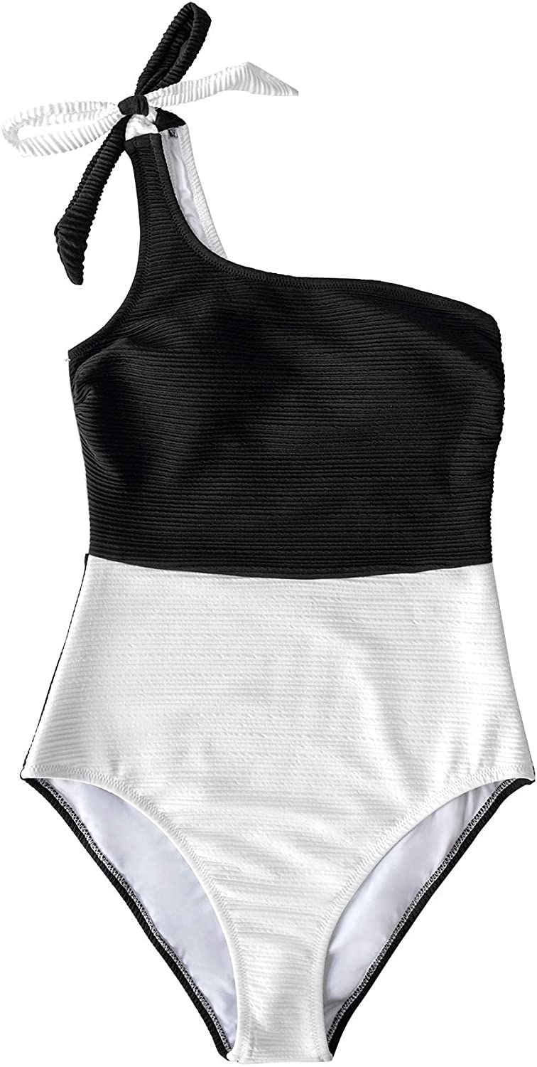 CUPSHE Women's One Piece Swimsuit Color Block One Shoulder Bowknot Bathing Suit