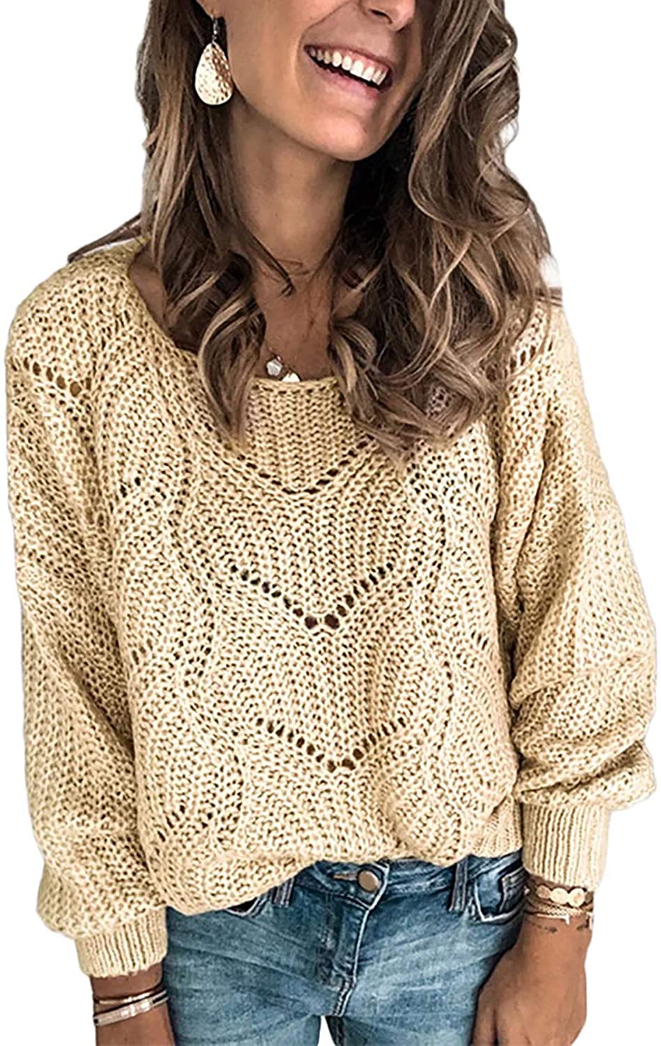 Dokotoo Womens Cute Soft Crewneck Long Sleeve Hollow Cable Knit Pullover Sweaters