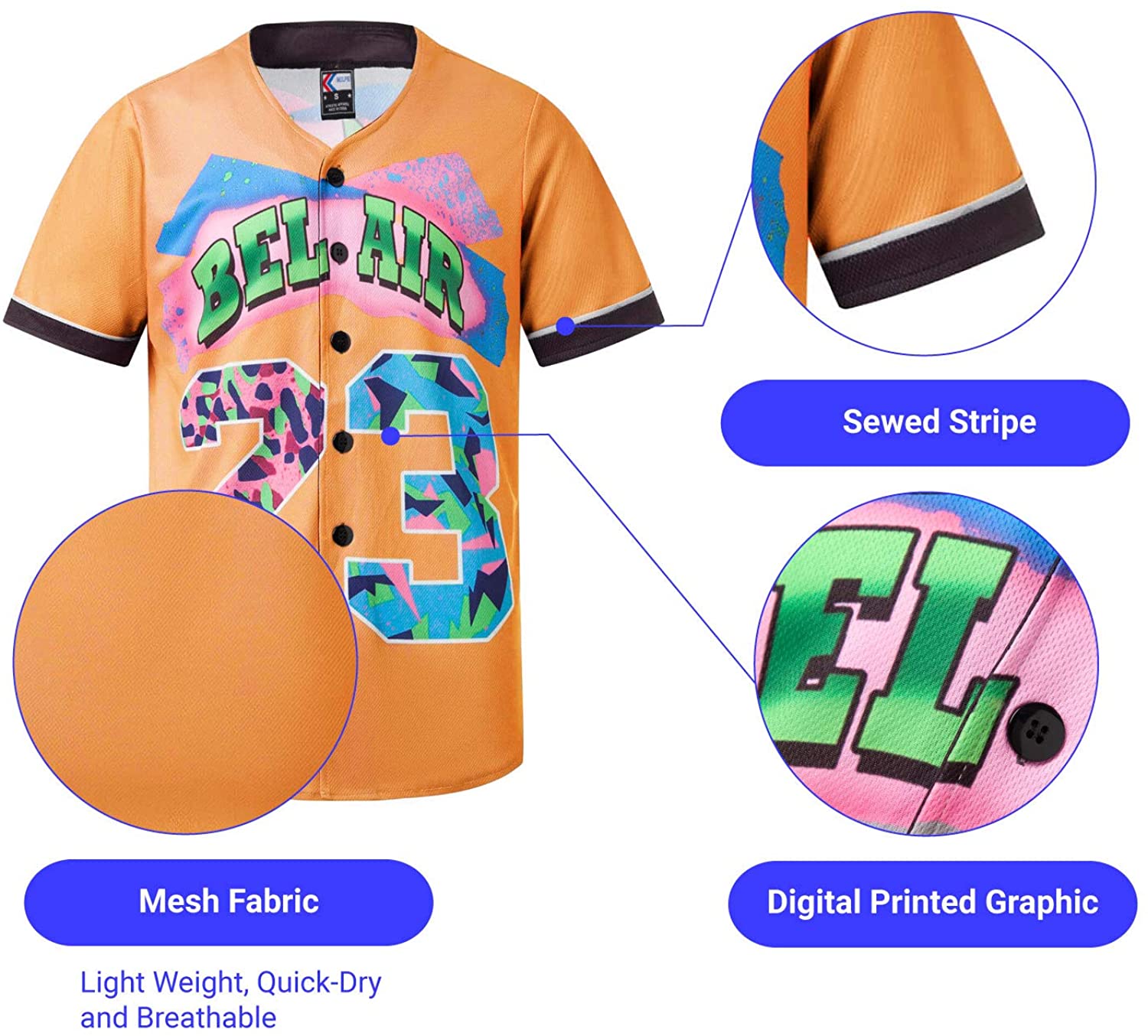 MOLPE 90s Hip Hop Clothing for Men and Women, Unisex Bel Air 23 Baseball Jersey, Mens Printed Urban Shirts for Party