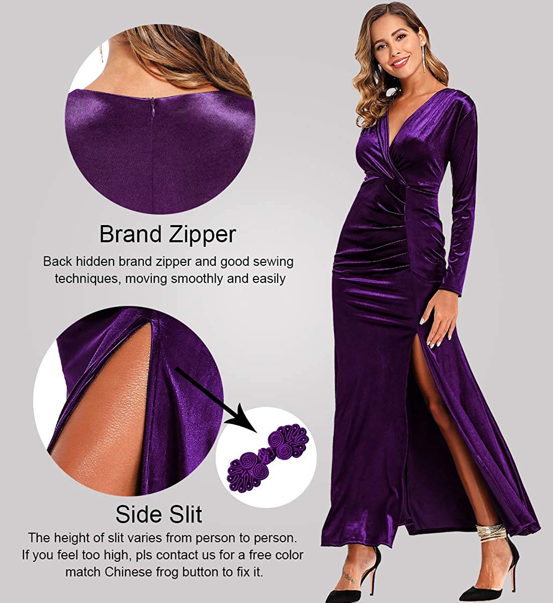 Ababalaya Long Sleeve Wrap Velvet Long Formal Dresses Cocktail Dress