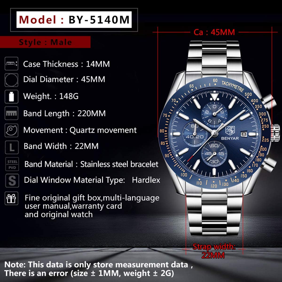 BENYAR Chronograph Mens Watch Quartz Movement 30M Waterproof | Leather Watch Strap