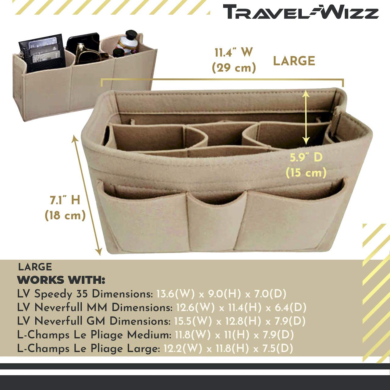 Handbag Organizer - 2in1 Purse Organizer Insert with Inner Zipped Pocket - Tote Shaper fits Speedy Neverfull - Grey Medium