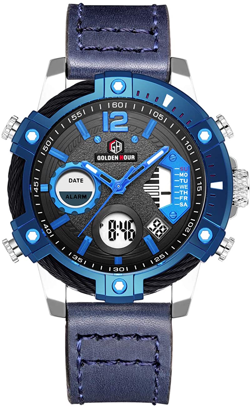 Mens Sport Watch Digital Analog Quartz Waterproof Multifunctional Military Leather Wrist Watches