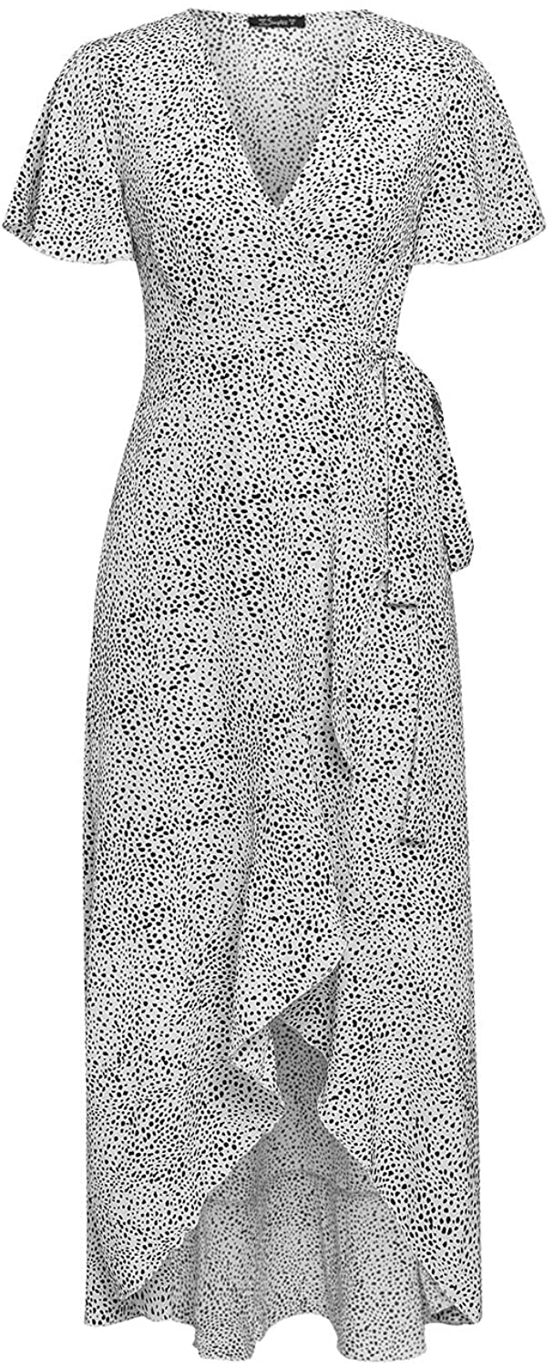 Miessial Women's Summer Chiffon V Neck Ruffle Maxi Dress Polka Dot Long Beach Wrap Dress