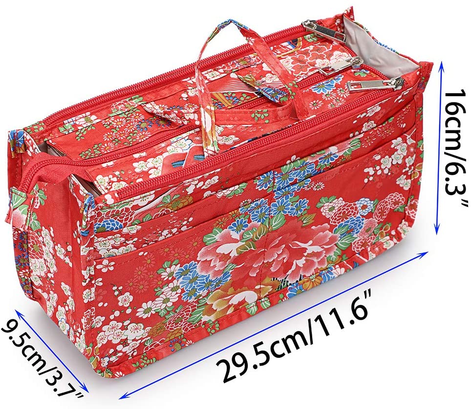 BTSKY New Printing Handbag Organizers Inside Purse Insert-High Capacity 13 Pockets Bag Tote Organizer with Handle Peacock Flower