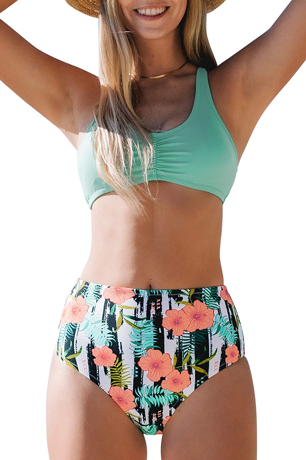 CUPSHE Women's High Waisted Bikini Floral Lace Up Two Piece Swimsuits