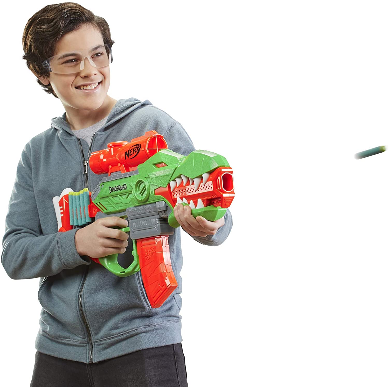 NERF DinoSquad Rex-Rampage Motorized Dart Blaster, 10-Dart Clip, 20 Official Darts, 10-Dart Storage- T-Rex Dinosaur Design