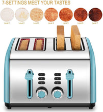 
                        
                          Cargar imagen en el visor de la galería, Toaster 4 Slice, CUSINAID 4 Wide Slots Stainless Steel Toasters with Reheat Defrost Cancel Function, 7-Shade Setting, Blue - JOY2ESpree
                        
                      