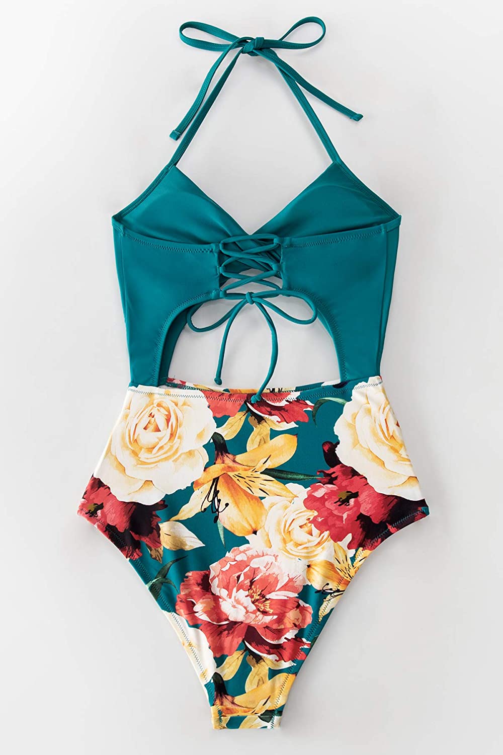 CUPSHE Women's Black Floral Print Halter Cutout High Waist One Piece Swimsuit