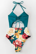 
                        
                          Load image into Gallery viewer, CUPSHE Women's Black Floral Print Halter Cutout High Waist One Piece Swimsuit
                        
                      