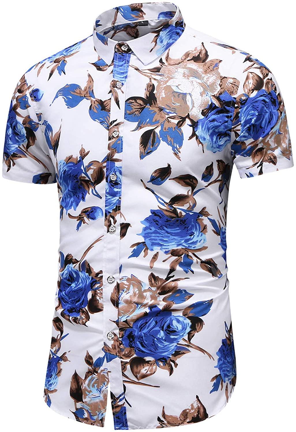 LEFTGU Men's Slim fit Floral Printed Beach Hawaiian Button-Down Dress Shirt